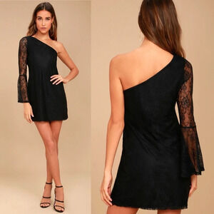 ✨NWT Lulus Black Lace One Shoulder Bell Sleeve Come To Play Mini Dress Small